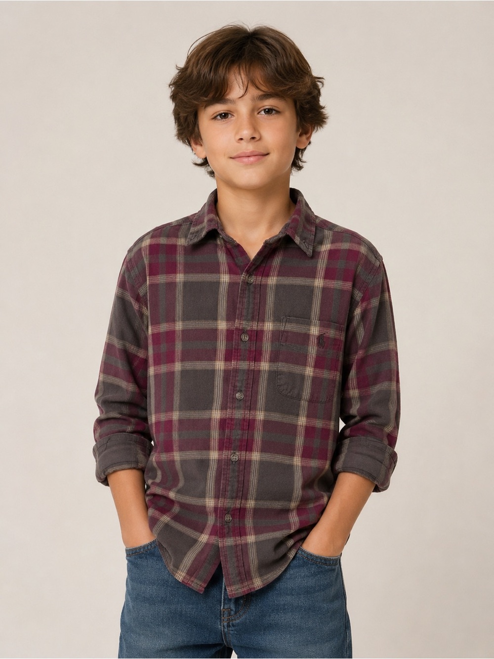 Ralph Lauren Plaid Flannel Button Down Shirt Boys’ M Olive/Burgundy